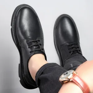 Premium men's black genuine leather casual dress shoes with non-slip soft sole for outdoor
