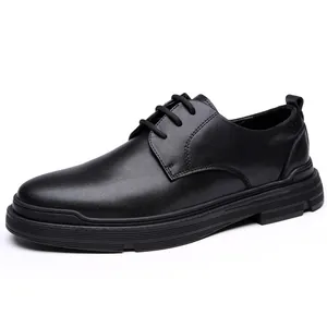 Premium men's black genuine leather casual derby shoes with durable non-slip sole