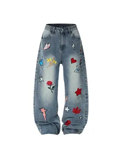 Heavy embroidered loose straight denim jeans with colorful American street style patches