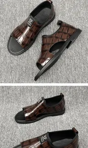 Détail de sandales pour hommes marron à motif crocodile sur surface grise texturée