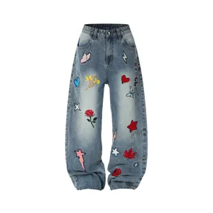 Men Women American Street Style Heavy Embroidery Denim Jeans Loose Straight Dopamine Butterfly Star Graphic Blue Long Pants