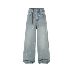American Vintage Washed Blue Ink Splash Rhinestone Wide Leg Jeans Men Women Loose Straight Streetwear Denim Pants
