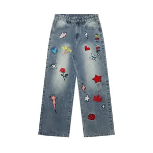 BSJ streetwear loose fit denim jeans with colorful heavy embroidery and multi-pockets