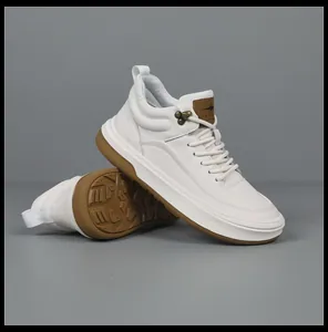 Premium white cowhide leather high-top sneakers with a durable brown gum rubber sole
