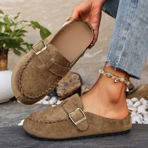 Women's Vintage Closed Toe Mules With Metal Buckle Strap Thick Sole Platform Comfort Clogs Casual Suede Look Slip On Slippers