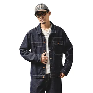 Conjunto de chaqueta vaquera azul oscuro retro americano para hombre, corte holgado