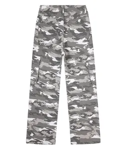 Rear view of grey camouflage cargo jeans showing large back pockets and wide leg fit