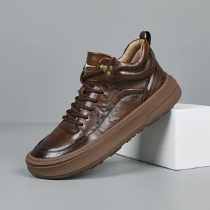 Men's High Top Casual Shoes First Layer Cowhide Genuine Leather Fashion Light Luxury Trendy Breathable Warm High Top Sneakers