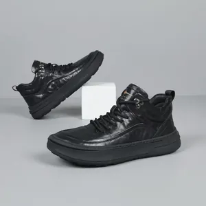 Premium black genuine leather high-top fashion sneakers for men with non-slip sole