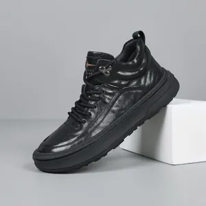 Premium black genuine leather men's sneakers featuring a thick sole and stylish design.