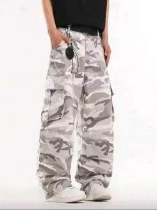 Men's Distressed Camouflage Cargo Jeans Washed Multi-Pocket Loose Straight Wide Leg Denim Pants Streetwear Work Trousers