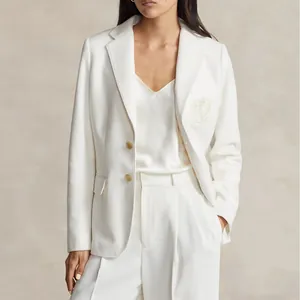 Elegant white women's blazer with embroidered chest crest and resin buttons