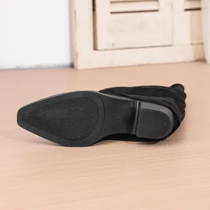 Macro detail showing the non-slip rubber sole and chunky heel of a black slouchy boot.