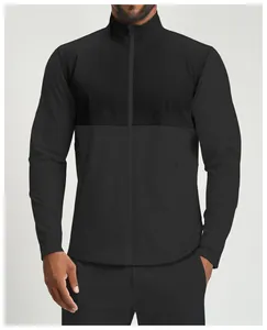 Detailed front view of men's athletic color-block zip-up jacket for fitness and yoga