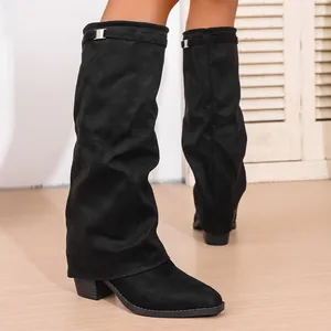 Chic slouchy black suede knee-high boots with pointed toe and chunky heel detail.