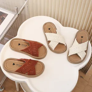 Sandalias de Verano para Niñas Elegantes Diapositivas de Punto con Correa Cruzada Zapatos de Princesa con Pompones Pantuflas de Playa Transpirables