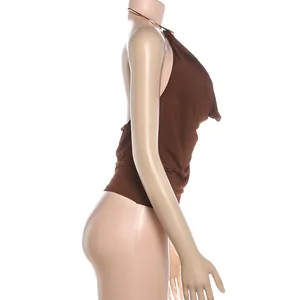 Side view of brown metal halter neck cowneck backless tank top shown on mannequin