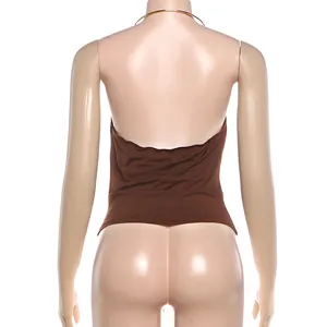 Rear view detail of a sexy brown halter-neck backless tank top on a mannequin