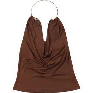 Detail view of brown backless halter top with gold metal neck ring and cowl neck design