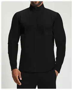 Close-up of men's black sports jacket with stand-up collar and chest stitching detail