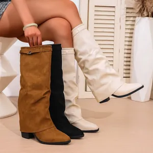 Stylish slouchy pointed toe pant-leg boots with chunky heels in brown, black, and beige