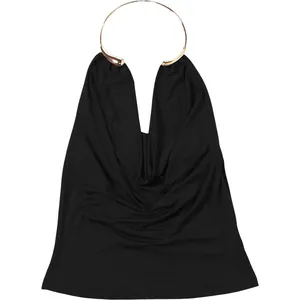 Detailed view of sexy black cowl neck vest with stylish gold metal halter neck ring