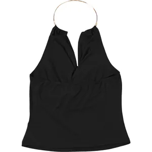 Sexy black backless halter top featuring a stylish gold metal ring neck and pleated front