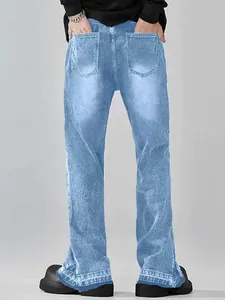 Rear view detail of men's loose flare jeans in light blue vintage wash denim print
