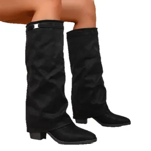Stylish black pointed-toe slouchy high boots with chunky heel and buckle detail.