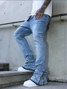 Men American Retro Cotton Blend Micro Flare Jeans Loose Wide Leg Straight Washed Whiskers Denim Pants With Leg Zipper For Men