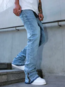 Men's American style loose straight jeans with stacked zippered hem and distressed edges
