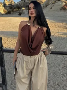 Women Sexy Halter Cowl Neck Tank Top Backless Metal Ring Solid Color Sleeveless Summer Fashion Streetwear Party Top