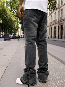 Men's washed grey micro-flare jeans with zipper hem in loose street style fit