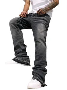 Classic men's American style vintage flared jeans featuring whiskers wash and a relaxed loose fit