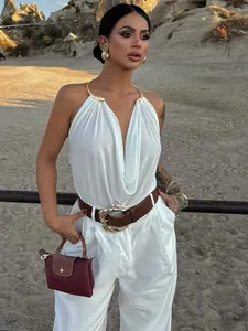 Elegant white cowl neck halter top with gold metal neck ring for women
