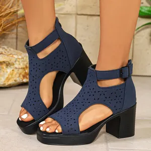 Blue laser-cut floral block heel sandals for women with ankle strap and platform sole