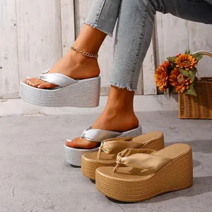 Sandales Compensées à Brides Croisées Métallisées pour Femmes Plateforme Tongs de Plage Été Bout Rond Chaussures Or Argent