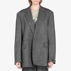 Grauer strukturierter Oversize-Wollblazer für Damen und Herren mit Manschettendetail