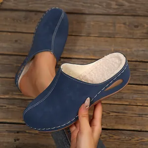 Women's navy blue wedge cotton slippers with thick sole and warm fleece lining closed toe