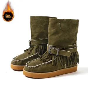 Stylish olive green suede fringe snow boots featuring a warm plush lining and buckle strap