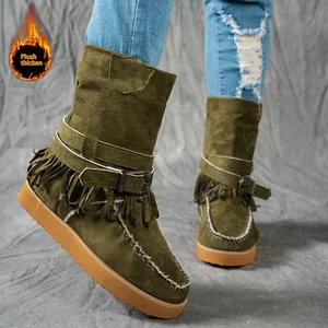 Detailed view of olive green fringe snow boots with plush lining and buckle strap