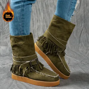 Women's Winter Snow Boots With Tassel Warm Plush Lined Mid-Calf Boots Faux Suede Buckle Strap Bohemian Flat Boots