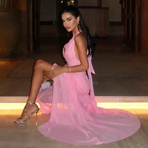 Elegant pink mesh halter pleated dress with long train worn by a model in a luxury setting.