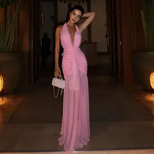 Elegant pink halter mesh maxi dress with deep V-neck and ruched pleated details.