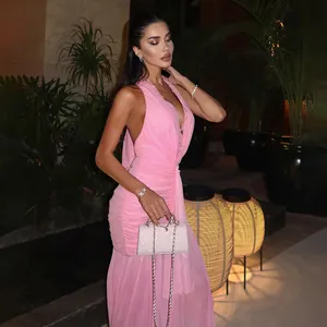 Elegant pink halter mesh pleated dress for women, sexy backless evening gown style