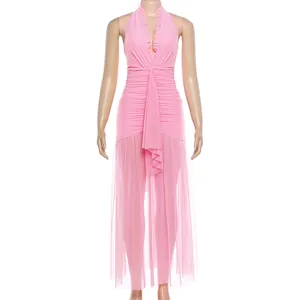 Elegant pink ruched halter neck dress featuring a sexy mesh splicing design on mannequin