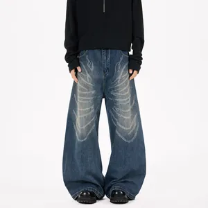 Jean Homme High Street Coupe Incurvée Chenille Poil de Lapin Laser Papillon Strass Graphique Pantalon en Denim Bleu