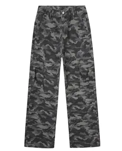 Close-up detail of gray camouflage cargo pants featuring wide leg and straight cut style