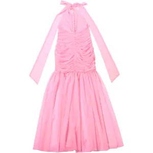 Detail of pink halter neck ruched mesh dress showing fine textured fabric and elegant ruching