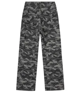 Detail of back view of men's camouflage cargo jeans with loose straight leg fit